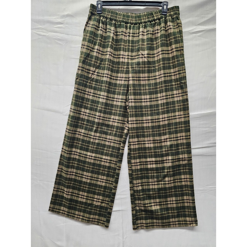 A New Day Womens Plaid Wide Leg Pants Green Polyester Blend Casual Size XL